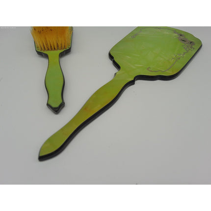 Vintage Vanity Dresser 2 Piece Set Hand Mirror And Brush Green with Inlaid