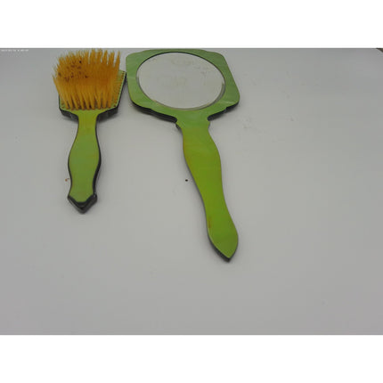 Vintage Vanity Dresser 2 Piece Set Hand Mirror And Brush Green with Inlaid