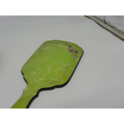 Vintage Vanity Dresser 2 Piece Set Hand Mirror And Brush Green with Inlaid