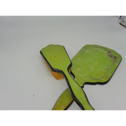 Vintage Vanity Dresser 2 Piece Set Hand Mirror And Brush Green with Inlaid