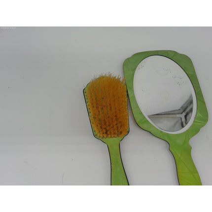 Vintage Vanity Dresser 2 Piece Set Hand Mirror And Brush Green with Inlaid