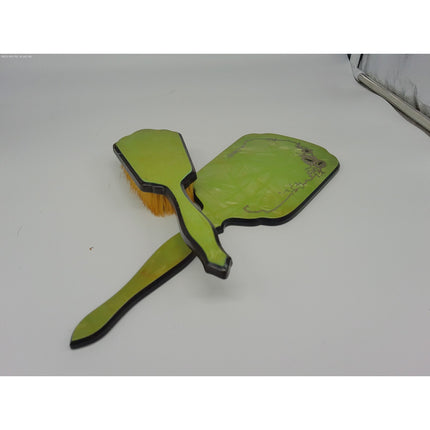 Vintage Vanity Dresser 2 Piece Set Hand Mirror And Brush Green with Inlaid