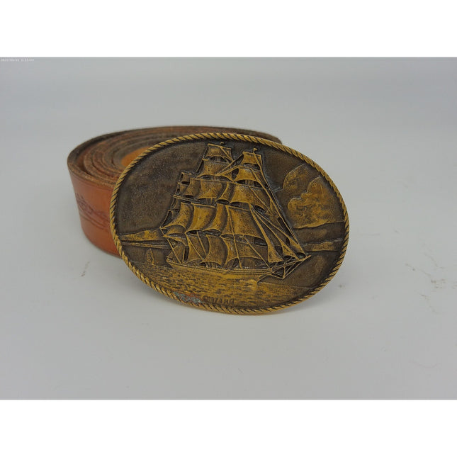 American Clipper Ship Belt Buckle Solid Brass Vtg 70s Heritage Mint RC W belt47