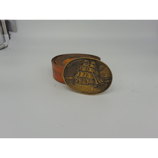 American Clipper Ship Belt Buckle Solid Brass Vtg 70s Heritage Mint RC W belt47
