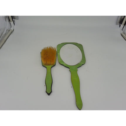 Vintage Vanity Dresser 2 Piece Set Hand Mirror And Brush Green with Inlaid