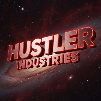 Floating Words Saying Hustler Industries on a black and red galaxy background