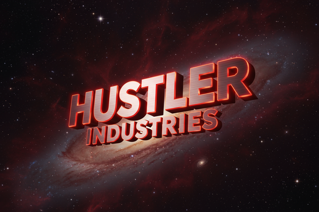 Floating Words Saying Hustler Industries on a black and red galaxy background