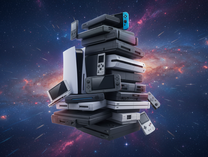 Stacks Of Gaming Consoles And Handhelds On Galaxy Background